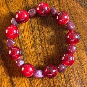 14mm Red Glass Bead Bracelet paired with deep red quartz beads